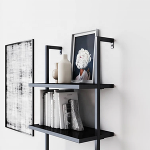 Estantería moderna de <span class=keywords><strong>madera</strong></span> de roble de 5 estantes, superventas, <span class=keywords><strong>escalera</strong></span> abierta de montaje en pared con marco de Metal negro Industrial para comedor - Product Image 6