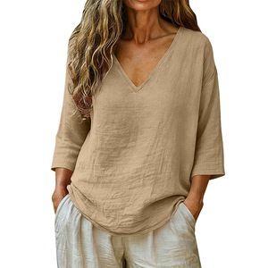 Blus Kerah V Berkerut yang Bernapas untuk Wanita, Lengan 3/4, Model Longgar, Desain Ramah untuk Musim Panas, Cocok untuk Pakaian Sehari-hari - Product Image 2