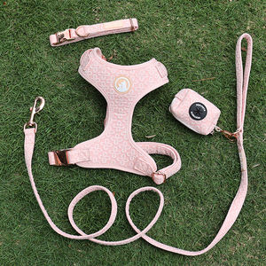 Conjunto de arnés de cuello ajustable acolchado suave con correa de pecho para mascotas de tela bordada de diseñador Premium - Product Image 6