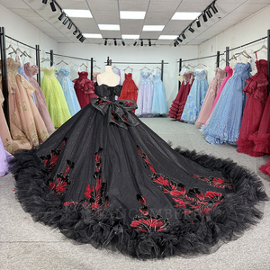 Robe de bal Jancember 6940 noire et rouge, épaules dénudées, robe de Quinceañera, broderie florale, volants en tulle - Product Image 3