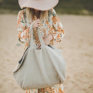 Bolso grande de lino con asa larga para compras, bolsa de mano de playa con bolsillos - Product Image 5