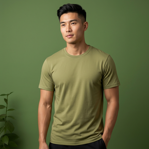 T-shirt en coton pour homme, coupe slim, vert olive, col rond, manches courtes, jersey décontracté, respirant, couleur unie, design tricoté - Product Image 1