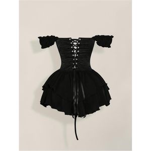 Women's Off Shoulder Corset Dress Ruffle Hem <b>Lace</b> Up Mini Gothic Lolita Outfit Satin High Low Silhouette - Product Image 3