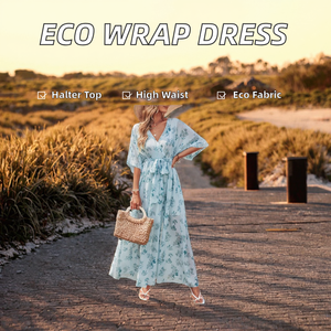 Womens Boho Halter Lace-Up V <b>Neck</b> Midi Sleeve Slit A-Line High Waist Eco-Friendly Breathable Summer Dress Vacation Waist <b>Tie</b> - Product Image 2