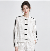 Ensemble deux pièces en dentelle blanche pour femmes, veste à col mandarin, pantalon à jambes larges, ensemble assorti, vêtements décontractés à la mode