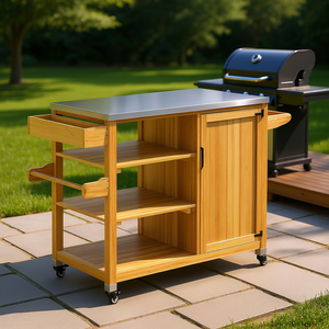 Îlot de cuisine extérieur en bois massif avec plateau en acier inoxydable et roulettes, bois naturel pour grillades en plein air - Product Image 2