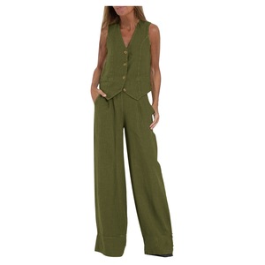 Conjunto de dos piezas de <span class=keywords><strong>lino</strong></span> y algodón de verano para <span class=keywords><strong>mujer</strong></span>, <span class=keywords><strong>chaleco</strong></span> sin mangas, Tops y pantalones, trajes de chándal personalizados para ocio de oficina - Product Image 6