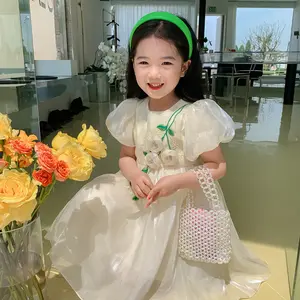 Yalindars çocuk butik yaz küçük prenses puf kollu parti elbise kızlar organze parti giysileri bebek elbisesi ile 3D çiçek