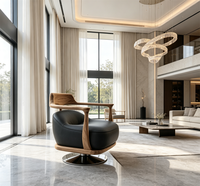 Fauteuil de salon haut de gamme en bois de zèbre rouge, rotation à 360 degrés, siège rembourré en cuir noir et base en métal doré