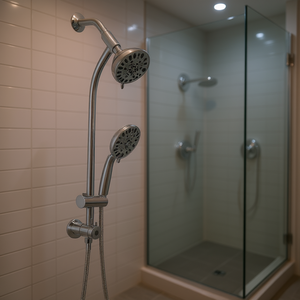 Ensemble de quincaillerie de salle de bain mural chromé en acier inoxydable avec système de douche double, barre coulissante, pommeau de douche pluie et douchette à main - Product Image 2