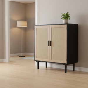 Mobiletto portaoggetti in rattan nero da 31,5 pollici con ante magnetiche, ripiani regolabili, credenza moderna stile Mid-Century per soggiorno - Product Image 2