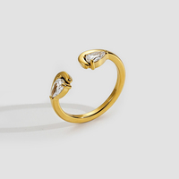 Bague fine ouverte en acier inoxydable plaqué or 18 carats PVD, avec cristaux en forme de goutte d'eau et double zircon, pour femme, bijou de doigt R264668