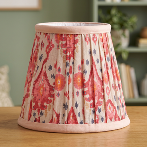 Coral Pink Cotton <b>Lampshade</b> | Handcrafted Pleated Fabric <b>Drum</b> Shade with Red & Navy Blue Pattern - Product Image 3