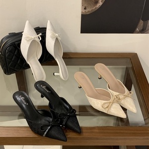 Mules élégantes en dentelle à bout pointu pour femmes, confortables, à talons chaton avec nœud, chaussures de bureau élégantes, mules à enfiler - Product Image 5
