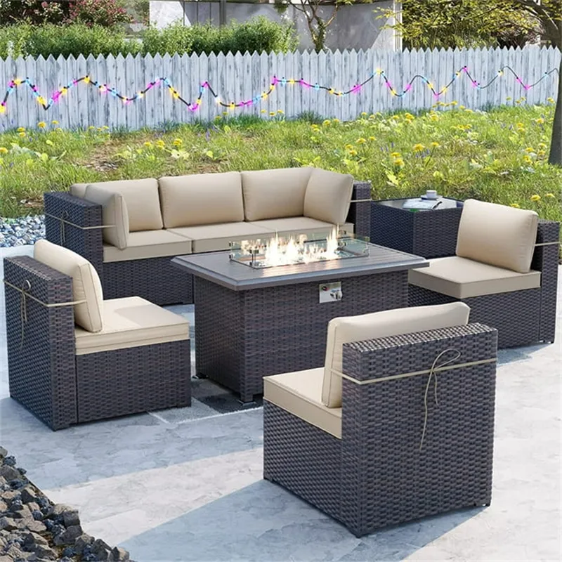 Altovis 8 pcs meubles d'extérieur PE osier rotin sectionnel canapé patio conversation ensemble avec gaz propane foyer table