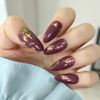 Faux ongles à presser longs en amande, couleur bordeaux métallisé, avec dégradé de paillettes et logo personnalisé, lot de 24 capsules d'ongles
