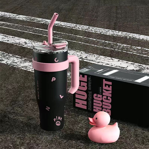 Gobelet isotherme en acier inoxydable noir et rose, grande tasse à café isolée avec paille, 1250 ml, avec poignée pour voyage en voiture, vente en gros - Product Image 2