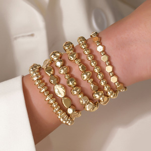Irregular Geometric <b>Beaded</b> Elastic <b>Bracelet</b> Set Women's Party Jewelry 6 Piece Multi Layered Gold Silver Tone Fashion <b>Bracelets</b> - Product Image 3