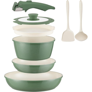 High Quality Modern <b>Ceramic</b> Coated Non-Stick Pots <b>Pans</b> Detachable Handle 8-Piece Aluminum Induction Green Cookware <b>Set</b> - Product Image 1