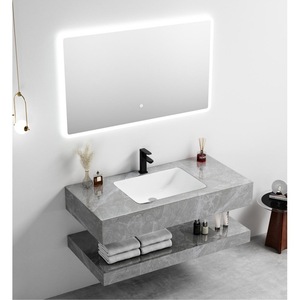 Meuble-lavabo mural CR Buvini 100 avec vasque en céramique grise et armoire miroir rétroéclairée - Product Image 2