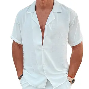 2024新款棉麻男士宽松休闲古巴领短袖衬衫白色透气沙滩纽扣衬衫