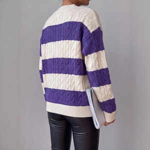 Cardigan en tricot rayé violet, col en V ample, manteau pull pour femme, automne hiver, style élégant pour le quotidien, taille européenne et américaine S M L XL - Product Image 4
