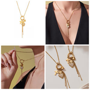 Модные украшения: колье из нержавеющей стали с покрытием из 18-каратного золота, с подвесками в виде короны, креста и сердца, инкрустированными цирконами 5А, с застежкой-карабином. - Product Image 2