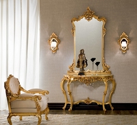 Table console en bois massif de style royal italien et français, sculpture en feuille d'or, marbre élégant, miroir d'entrée, table d'entrée