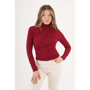 Blusa Borgoña XL al por mayor con hombros y cintura fruncidos, cuello alto con volantes, patrón liso, tejido de punto para primavera - Product Image 4