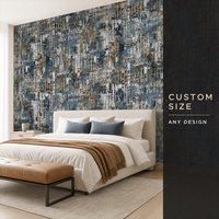 Papier peint mural moderne en métal oxydé effet patchwork, bleu acier et marron, taille personnalisée pour bureau et salle à manger