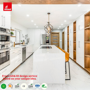 Alland Luxury Villa High Gloss Renovate Decor Kitchen Cabinet With <strong>Marble</strong> Waterfall Countertop Island Modern Australia <strong>Cupboard</strong> - Product Image 1