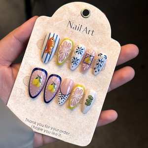 24 faux ongles à presser style méditerranéen, forme amande moyenne, avec imprimé citron, poisson et fleurs, pour femmes, pour les <span class=keywords><strong>vacances</strong></span> d'été et le quotidien - Product Image 2