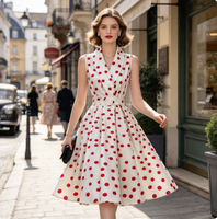Robe Vintage Femme à Pois Très Vendue, Robe Midi Évasée Sans Manches à Col Revers et Ceinture, Idéale pour Fêtes Estivales et Usage Quotidien, Personnalisation OEM