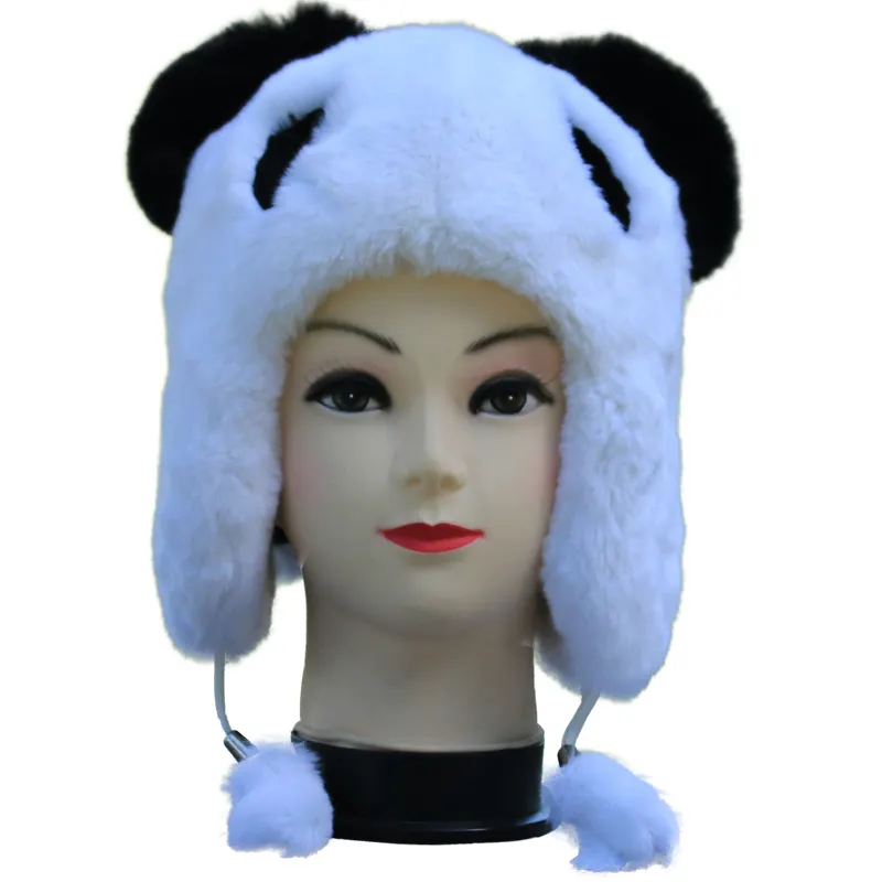 Simpatico cappello da aviatore Gorros panda in pelliccia a forma di animale cappello da pelliccia con paraorecchie da sci invernale da donna