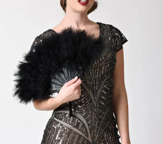 Productos de plumas burlescas personalizadas teñidas para mujer, abanico de plumas de pavo de mano negra para baile de boda para fiesta festiva