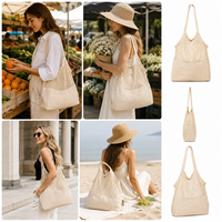 Sac de courses réutilisable en jute biologique tricoté avec longue poignée en corde pour fruits, légumes, savon et courses