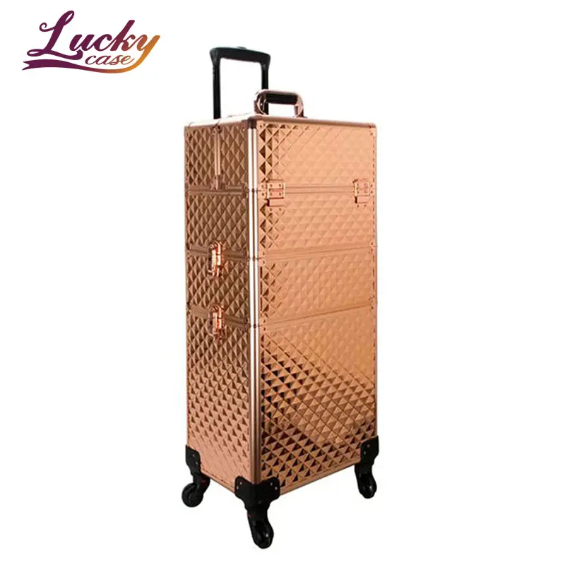 Professional 4 in 1 Trolley Make Up Case Rose Golden Cosmetic Artist Hairdresser Case Aluminum Beauty Makeup Case