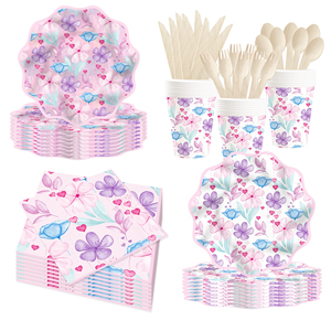DAMAI New Customized Flower Theme <b>Disposable</b> Paper Plate Napkin Paper <b>Tablecloth</b> with Floral Tableware Set for Wedding - Product Image 2