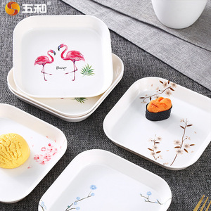 Wuhe Melamine Square Plate With Flamingo And Flower Pattern For Party And Hotel Use - Product Image 1