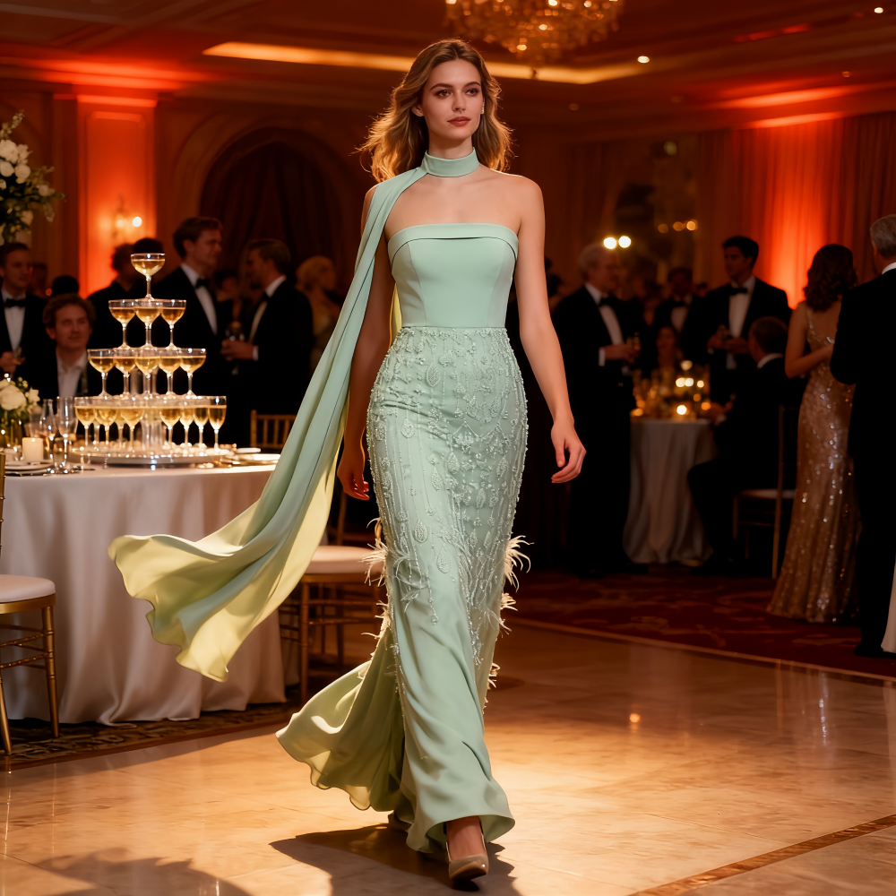 Sage Green Lace Dress - Floor-Length Ball Gown with Sleeves
