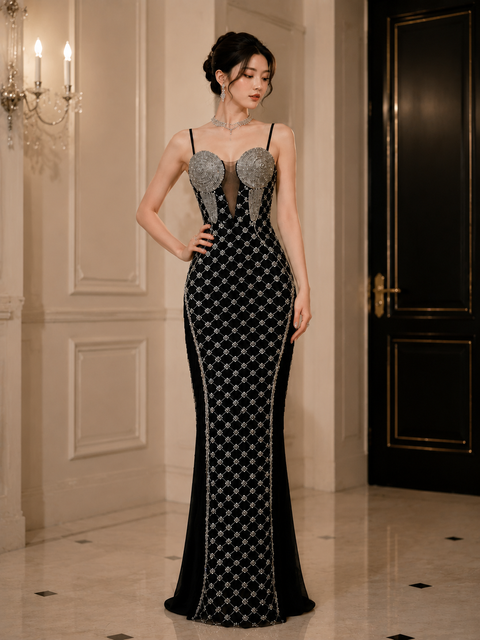 Elegant Sheer Neck Evening Gown Black Mermaid Dress Heavy Hand Beaded Crystal Fringe Detail Formal Party Wear Custom