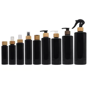 Bomba spray de loção para garrafa, spray de plástico preto reciclado personalizado para garrafa de óleo corporal com bomba de bambu