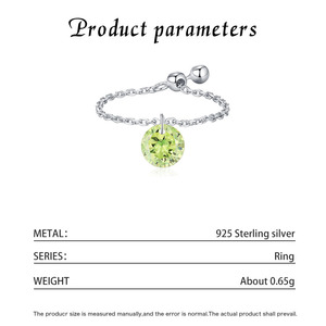S925 Silver <b>Dainty</b> Round Green Zircon Adjustable Chain <b>Ring</b> Silver Plated Open Stackable <b>Ring</b> for Women Daily Birthstone Jewelry - Product Image 2