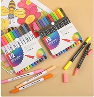 Ensemble de 12 marqueurs d'art à double pointe en feutre pour adultes et enfants - Stylos pinceaux pour la calligraphie et l'aquarelle