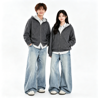Sweat à capuche zippé en molleton français double face avec logo brodé personnalisé, épaules tombantes, pour hommes et femmes