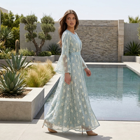 Nouvelles Arrivées Robe Longue Abaya Élégante et Respirante pour Femme avec Superposition de Dentelle Florale, Ceinture, Manches Évasées, Robe de Soirée Modeste, Quatre Saisons