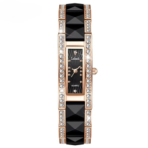 Montre de luxe pour femme avec accent carré en cristal, boîtier en céramique or rose, bracelet en acier inoxydable, étanche 30M, montre-bracelet habillée - Product Image 2