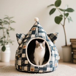 Kandang hewan peliharaan silinder pola cetak kucing hitam cantik sarang anjing kucing hewan peliharaan lembut hangat untuk istirahat hewan peliharaan tidur dan bermain sarang kucing - Product Image 4