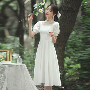 White Satin A-Line Wedding Dress Square Collar Natural Waistline For Marriage Registration Bridesmaid Dress X079 - Product Image 1