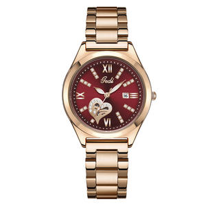 Nuevo reloj de mujer rojo brillante, esqueletizado con diamantes, calendario, correa de acero impermeable de alta gama, reloj de cuarzo - Product Image 4